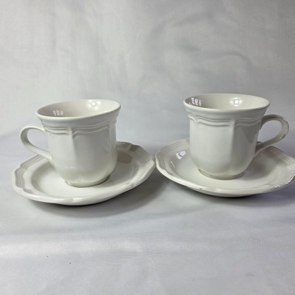 TWO Mikasa French Countryside Cup & Saucer Sets All White Scalloped